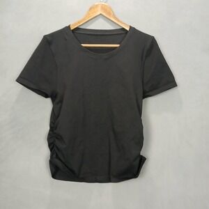 OQQ T Shirt Women XL Black Nylon Stretch Cinched Side Round Neck Workout Running